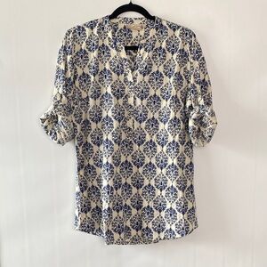 Utsa Blue & CreamPatterned Blouse - Roll Tab - V- neck